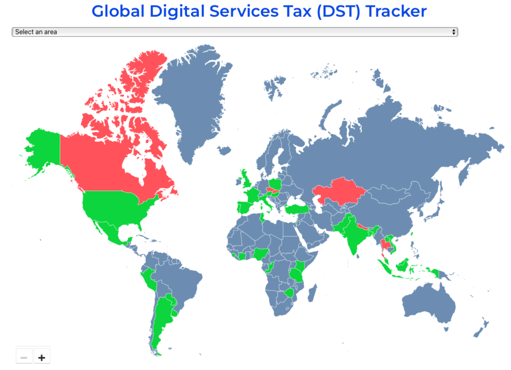 image showing the world map with locations of enacted and proposed digital service taxes
