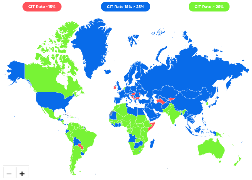 image showing a map of the world and corporate income tax rates